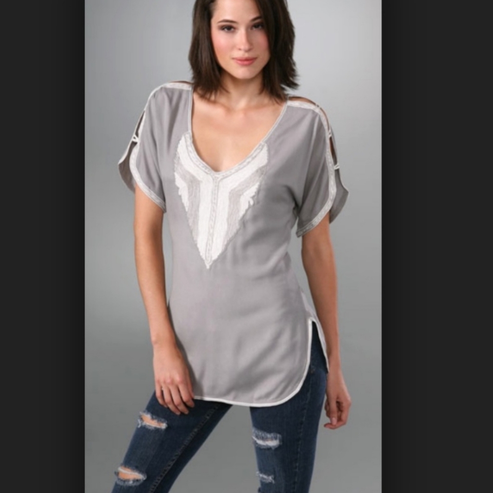 Free People Silver Summit Top short sleeve Gray White embellished M